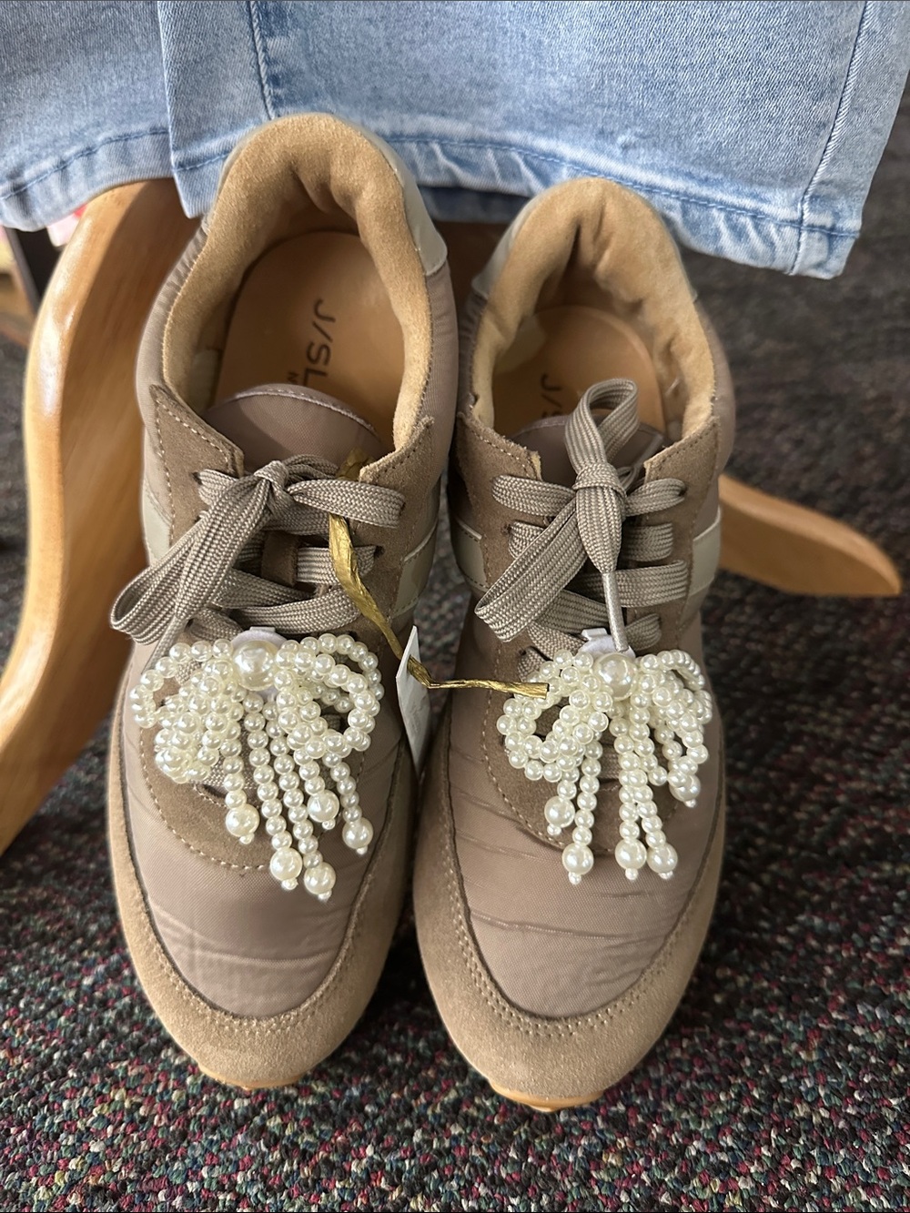 J/SLIDES Taupe Sneakers with Pearl Tassel Accents